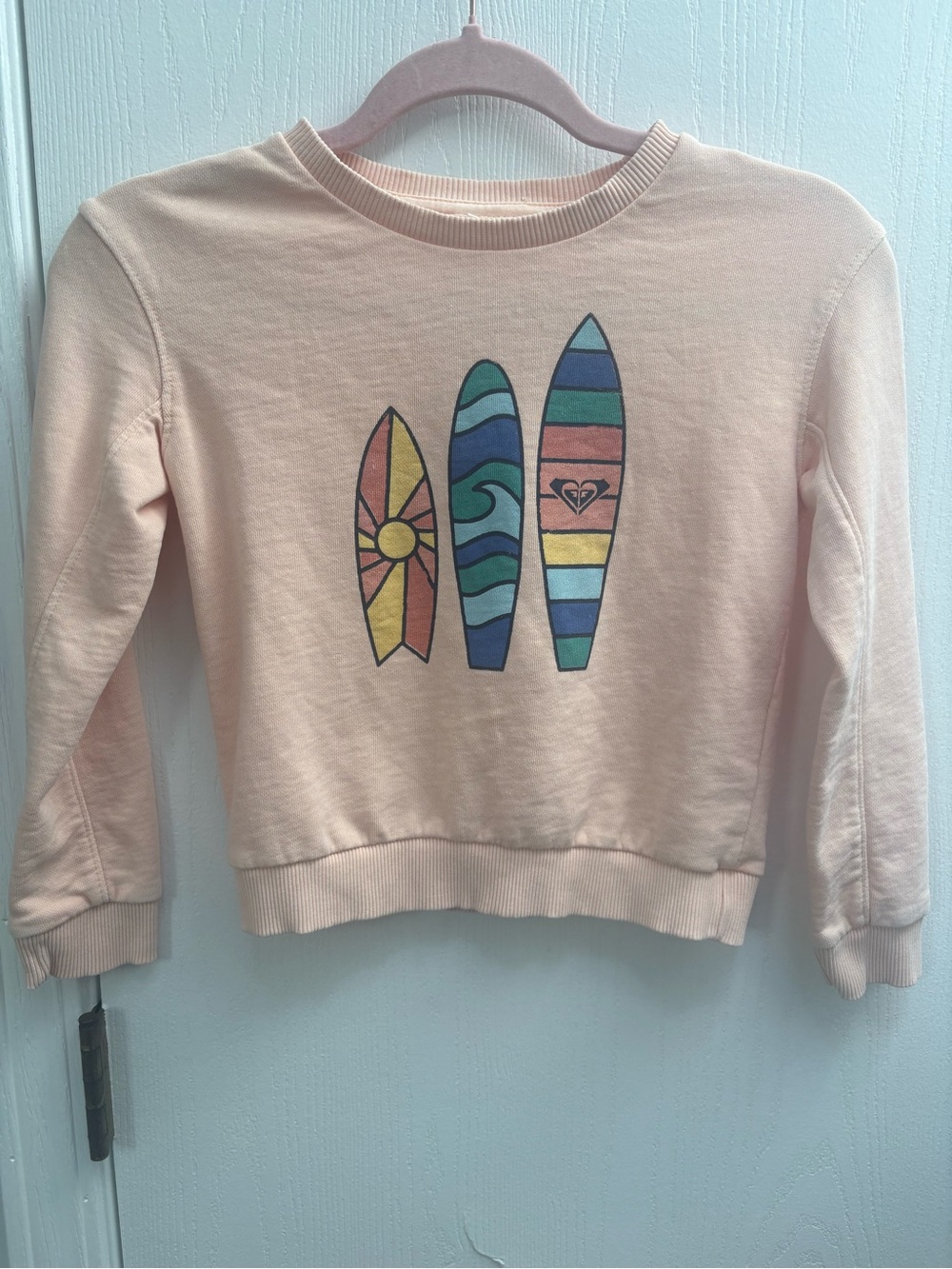 Roxy Girls Peach Crewneck with Striped Surfboard Graphic